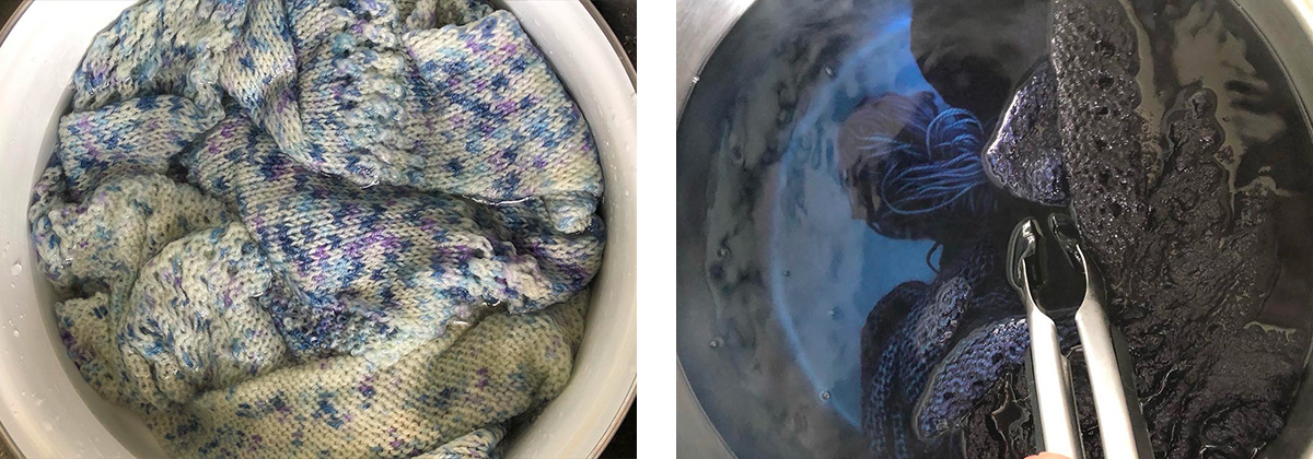 La laine originale qui trempe dans l'eau et une vue de la laine pendant la teinture dans une casserole