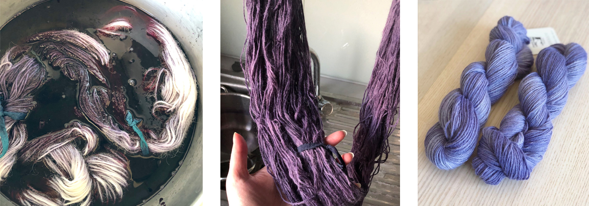 Teinture de 2 écheveaux de laine dans les tons violets