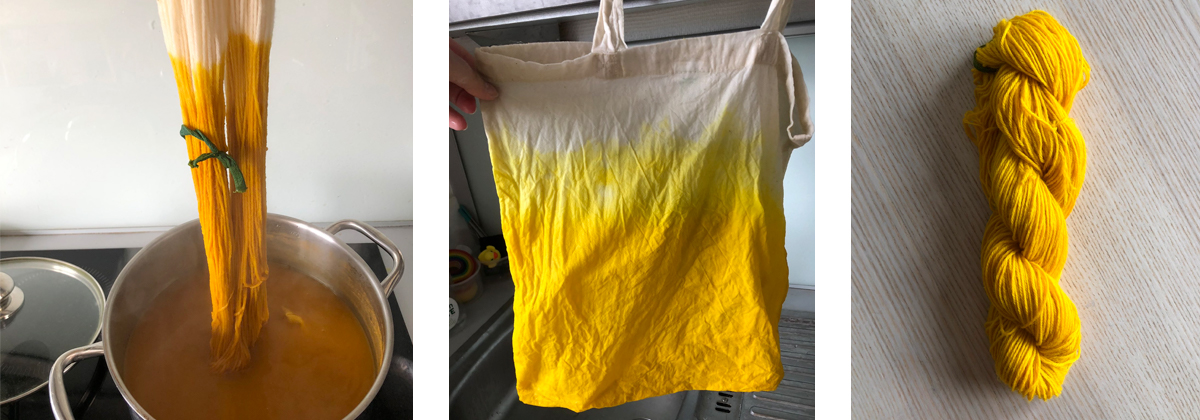 Teinture d'un écheveau de laine et d'un sac en tissu dans les tons jaune