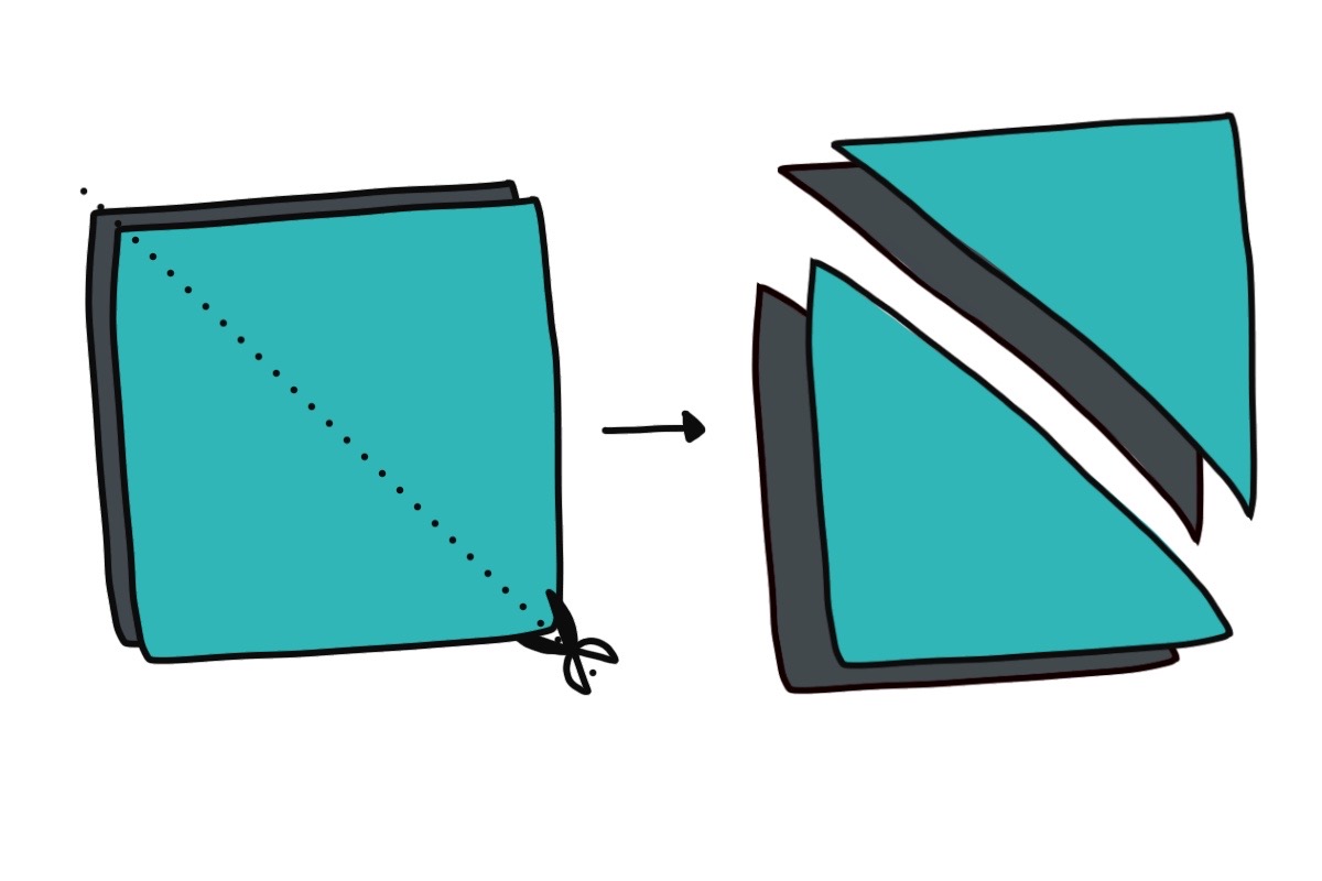 schéma : découpez les 2 tissus en diagonale et obtenez 4 triangles
