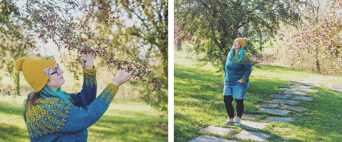 Photos du pull goldwing tricoté main, shooting photo dans un parc en automne