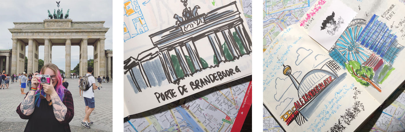Voyage a berlin : moi devant la porte de brandebourg et les dessins dans mon carnet