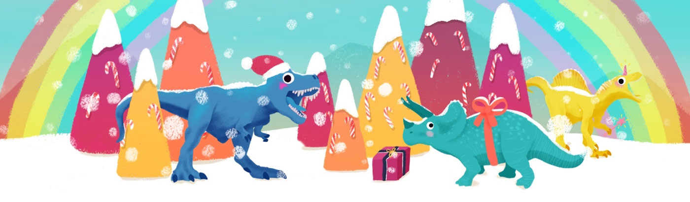Illustration du site : des dinosaures de noel dans un paysage rempli de sapins et de neige