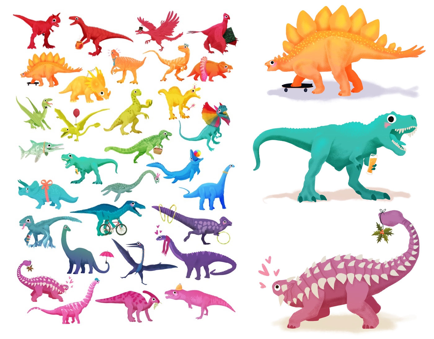 Les dinosaures colorés dessinés lors de dinoctober