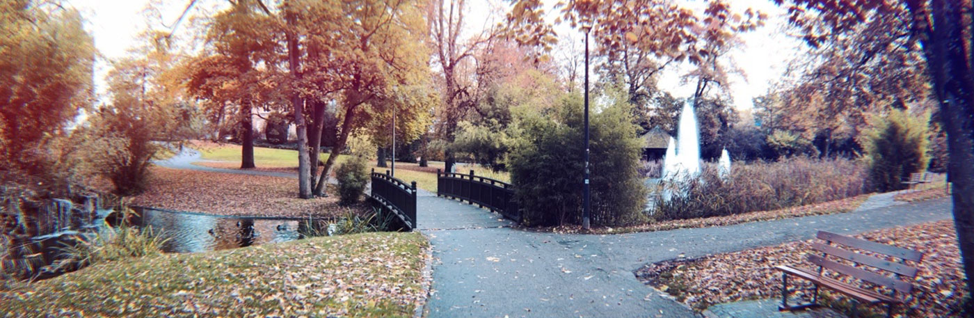 Parc municipal de Luxembourg avec son petit pont en bois et son point d'eau. Avec l'automne, les feuilles tombent et les arbres sont dans les tons oranges.
