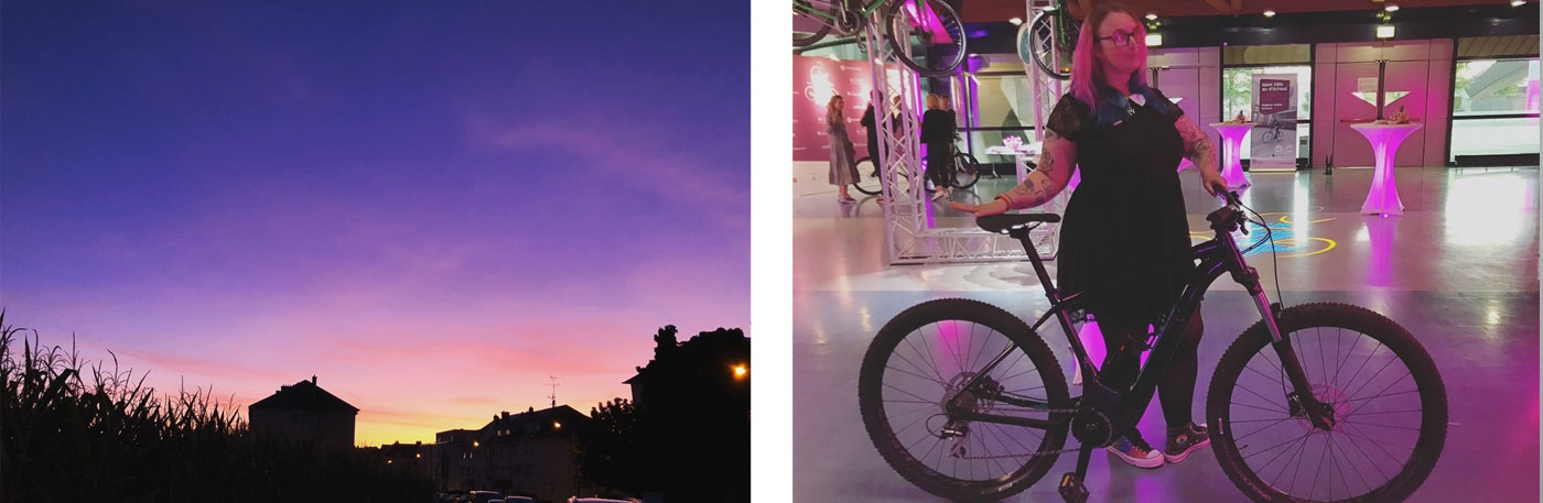 Coucher de soleil dans les tons violets. Je pose avec le vélo que notre équipe a gagné.