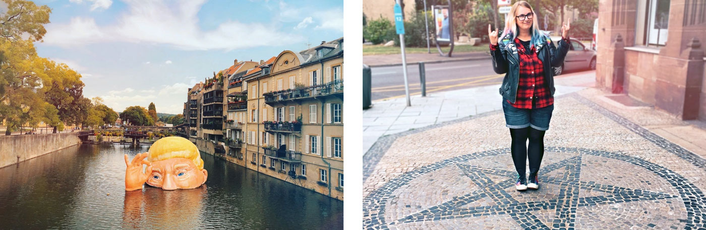 A Metz, la tete de Trump gonflable sur l'eau au centre ville, et une photo de moi debout au milieu d'un pentacle en pavés
