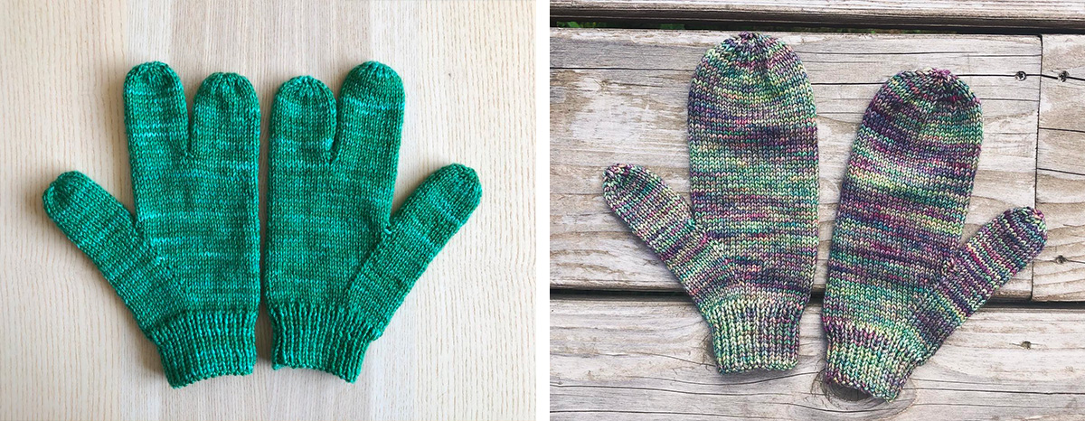gants verts à 3 gros doigts et moufles classiques dans les tons verts/violets