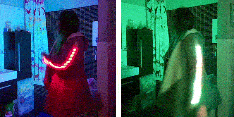 Animation : de nuit dans ma salle de bain, les bandes de LEDs s'allument de toutes les couleurs et je fais des mouvements avec mes bras