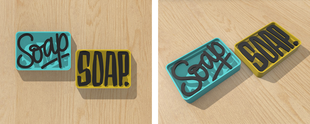 deux portes savon en 3D avec le texte SOAP ecrit là où on pose le savon