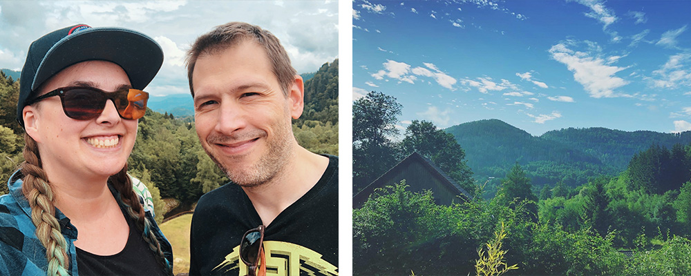 Selfie avec mon mari, vue des montagnes et forets