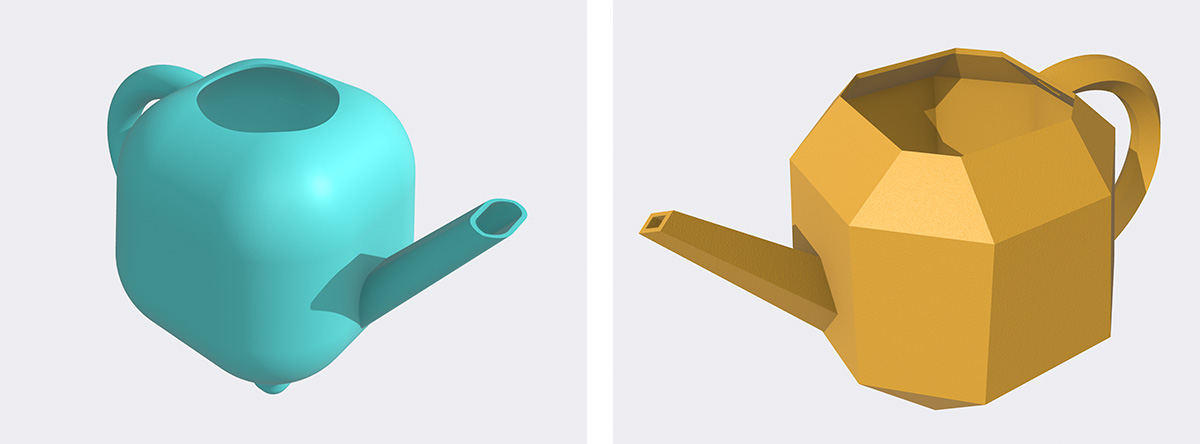deux modèles d'arrosoirs en 3D, un plus rond, un polygonal