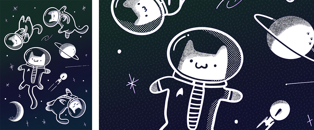 illustration avec des petits chats dans des combinaisons spatiales dans l'espace
