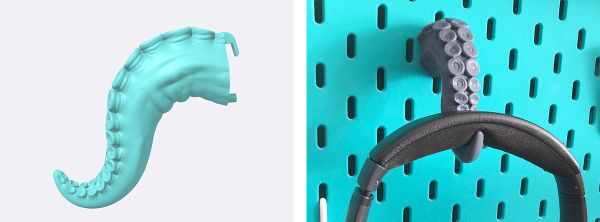 un crochet en forme de tentacule imprimé en 3D, qui s'accroche sur les tableaux Skadis Ikea, pour tenir un casque audio