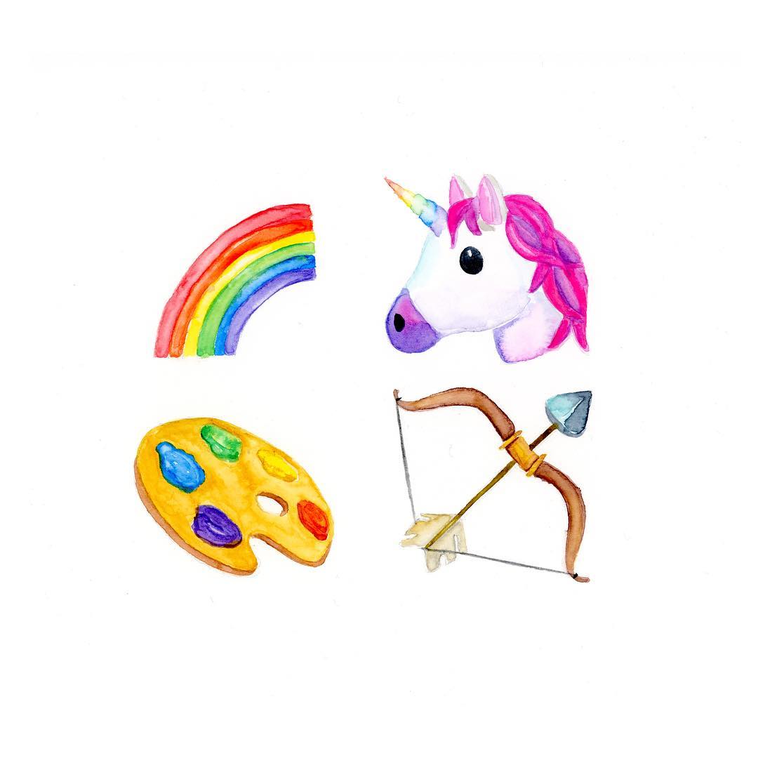 Emojis : arc-en-ciel, licorne, palette de peinture et arc