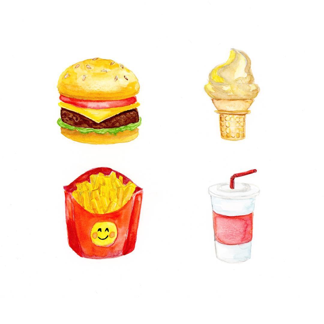 Emojis : burger, frites, soda et glace