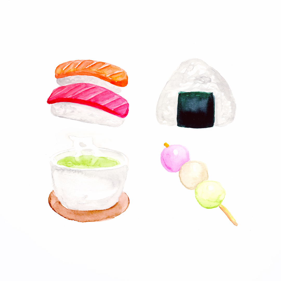 Emojis : sushis, onigiri, matcha et brochette de mochis