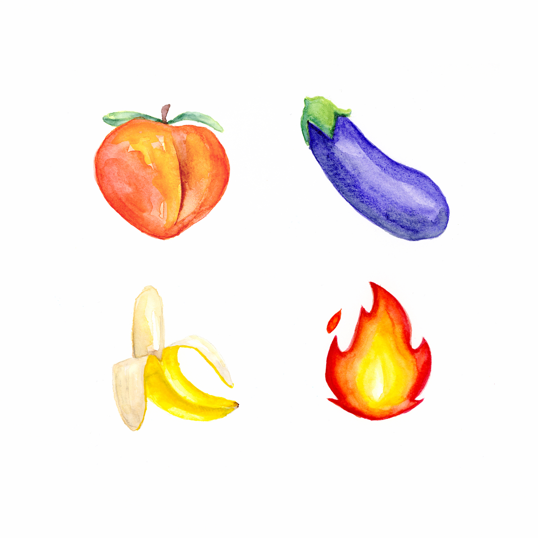 Emojis : pèche, aubergine, banane, feu