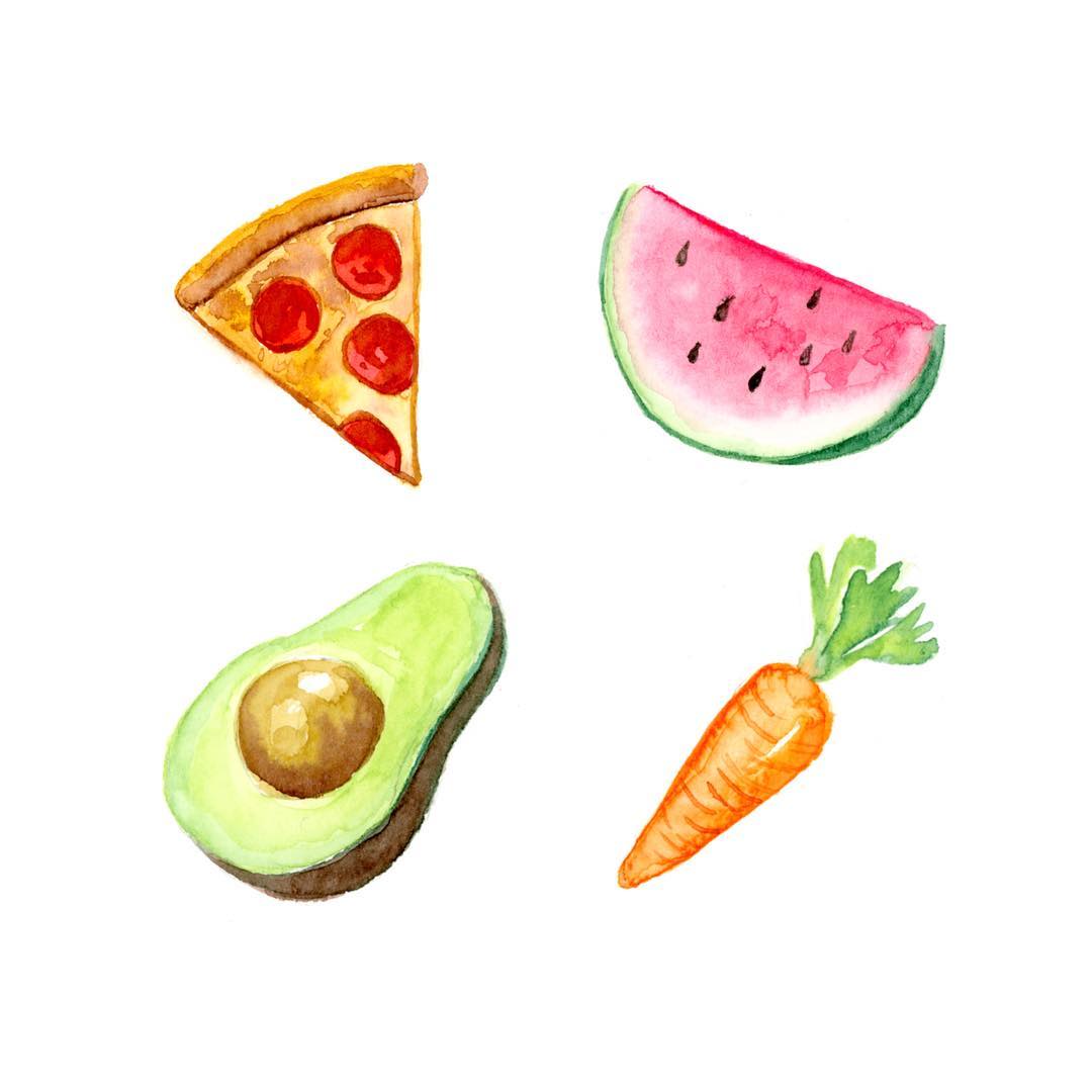 Emojis : pizza, pastèque, avocat, carotte 